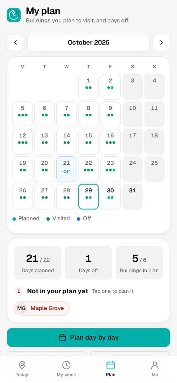 My plan: a month calendar with planned and visited days